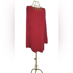 Eileen Fisher Red Silk Cotton Blend Long Tunic Top w/ Boatneck, Long Sleeves, XL